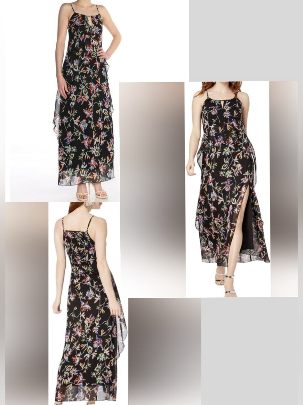 Bar III Black Floral Maxi Dress Front Slit Keyhole Spaghetti Straps Size M